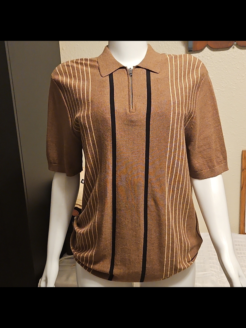 Express Brown Short-Sleeve Zip Polo with Cream Pinstripes